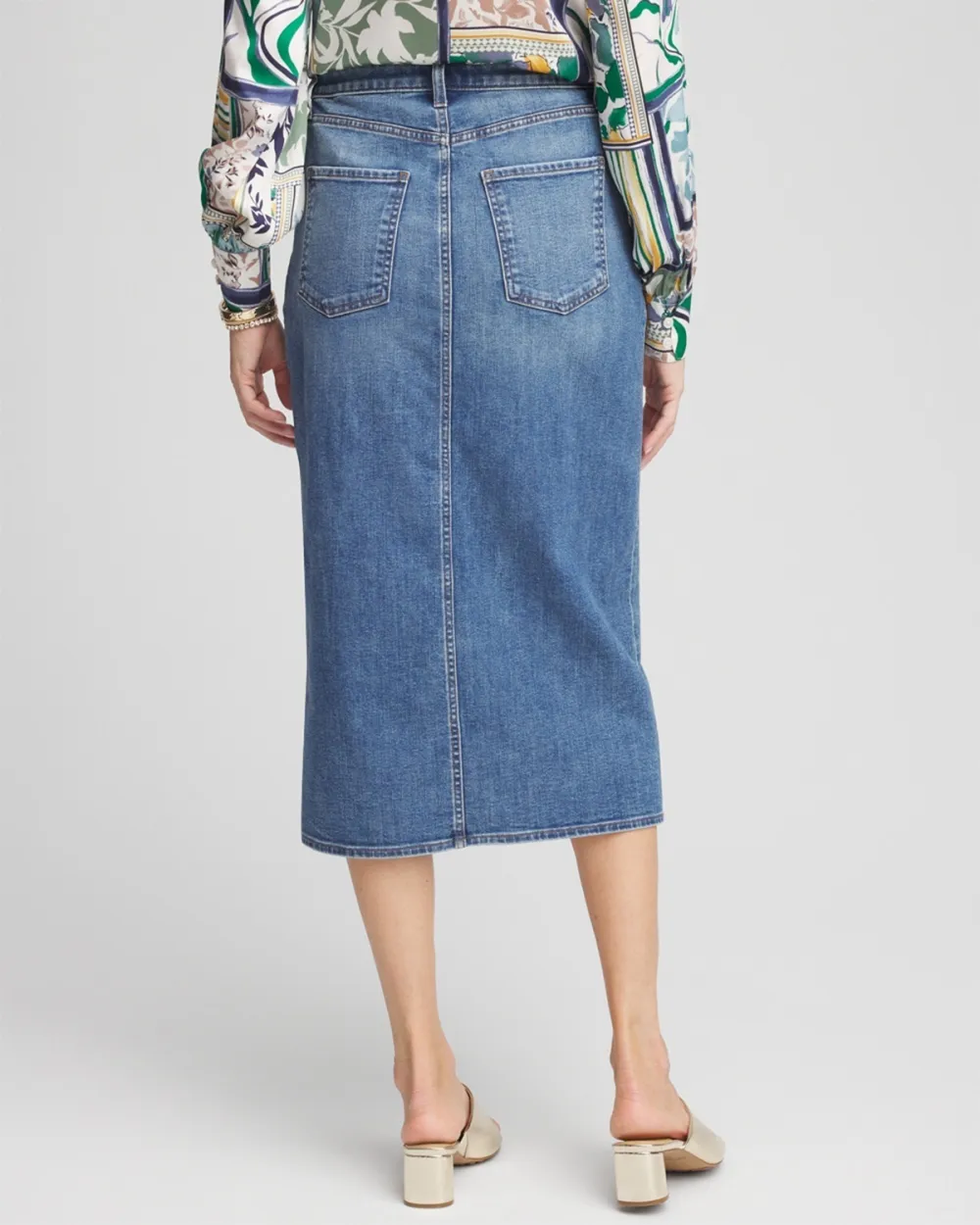 High-Rise Midi Stretch Denim Skirt