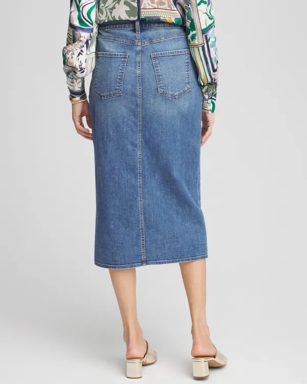 High-Rise Midi Stretch Denim Skirt