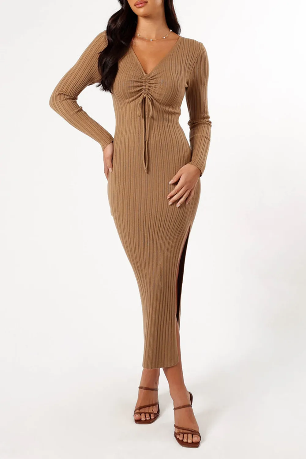 BLACK AND BROWN LONG SLEEVE MIDI DRESS
