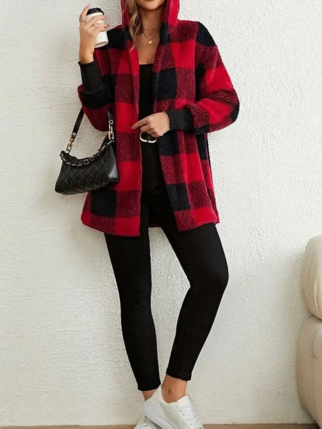 Women's Fleece Jacket Teddy Coat Hoodie Jacket Warm Breathable Street Daily Wear Vacation Going out Pocket Fleece Lined Open Front Hoodie Casual Street Style Stripes and Plaid Regular Fit Outerwear