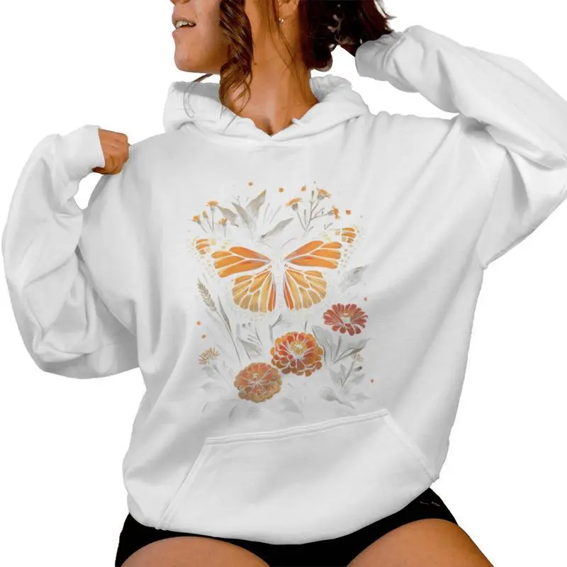Vintage Monarch Butterfly Cute Zinnias Flower Girl Plant Mom Women Hoodie