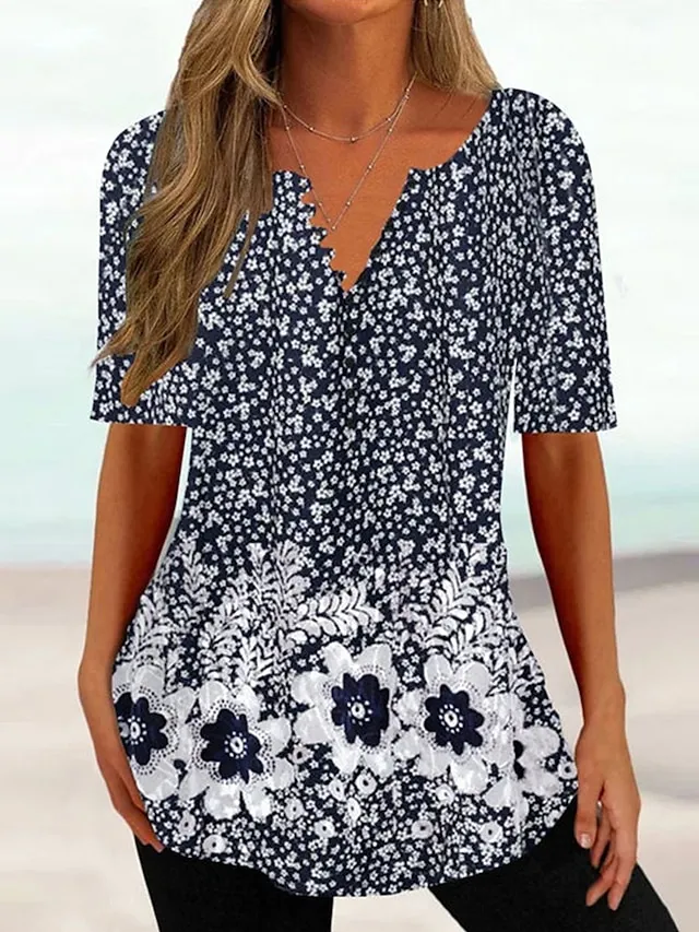 Women's T shirt Tee Black White Navy Blue Floral Button Print Short Sleeve Holiday Weekend Tunic Basic Round Neck Regular Fit Floral Painting