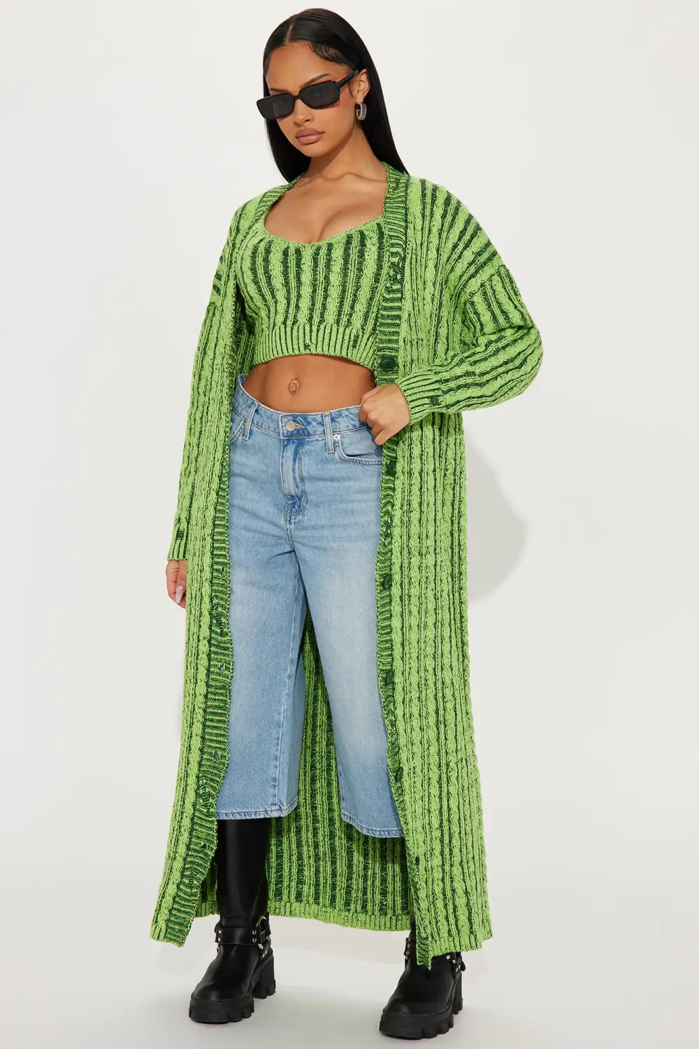 Casual And Cool Washed Cardigan Set - Green/combo