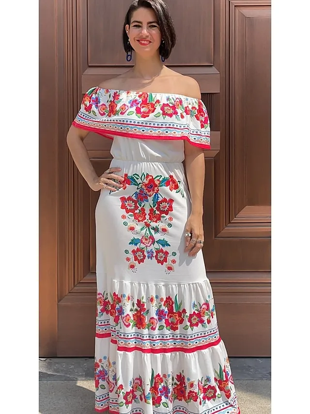 Women's Swing Dress Boho Dress Long Dress Maxi Dress Black White Yellow Short Sleeve Floral Cold Shoulder Summer Spring Off Shoulder Romantic Vacation Summer Dress Spring Dress Regular Fit 2023 S M L