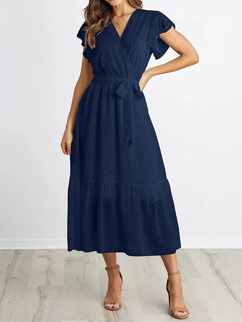 Women Summer Bohemian Floral Casual Wrap V Neck Ruffle Cap Sleeveless Belt A-Line Pleated Hem Swing Midi Sun Dress