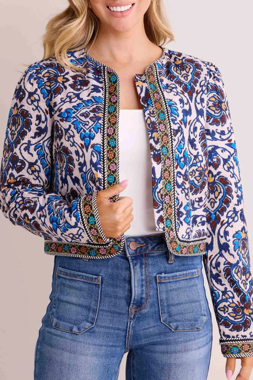 Multicolored Patterned Trim Cropped Jacket