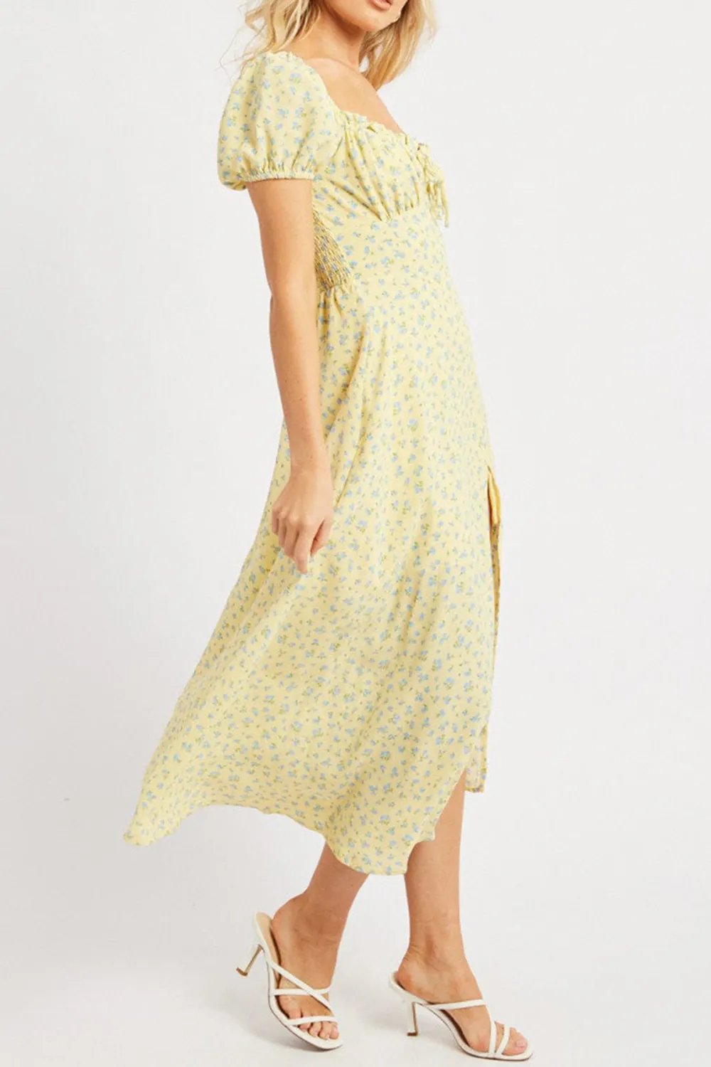 Yellow Ditsy Midi Dress Puff Sleeve