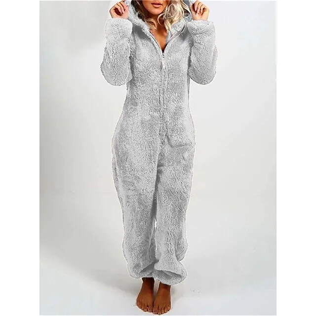 Women's Plus Size Adult Onesies Onesie Pajamas Pajama for Adult Pure Color Warm Fashion Plush Home Christmas Daily  Warm Hoodie Long Sleeve Fall Winter Black Red