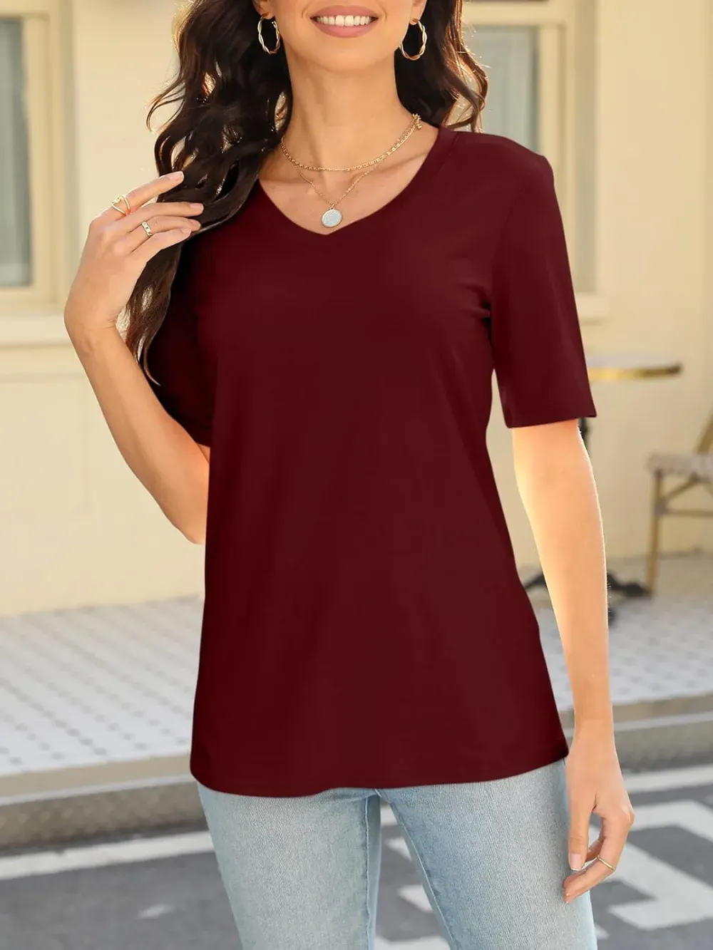 ORANDESIGNE Women's Color Block Short Sleeve T Shirts Casual V Neck Summer Tops Tees Loose Fit Blouses