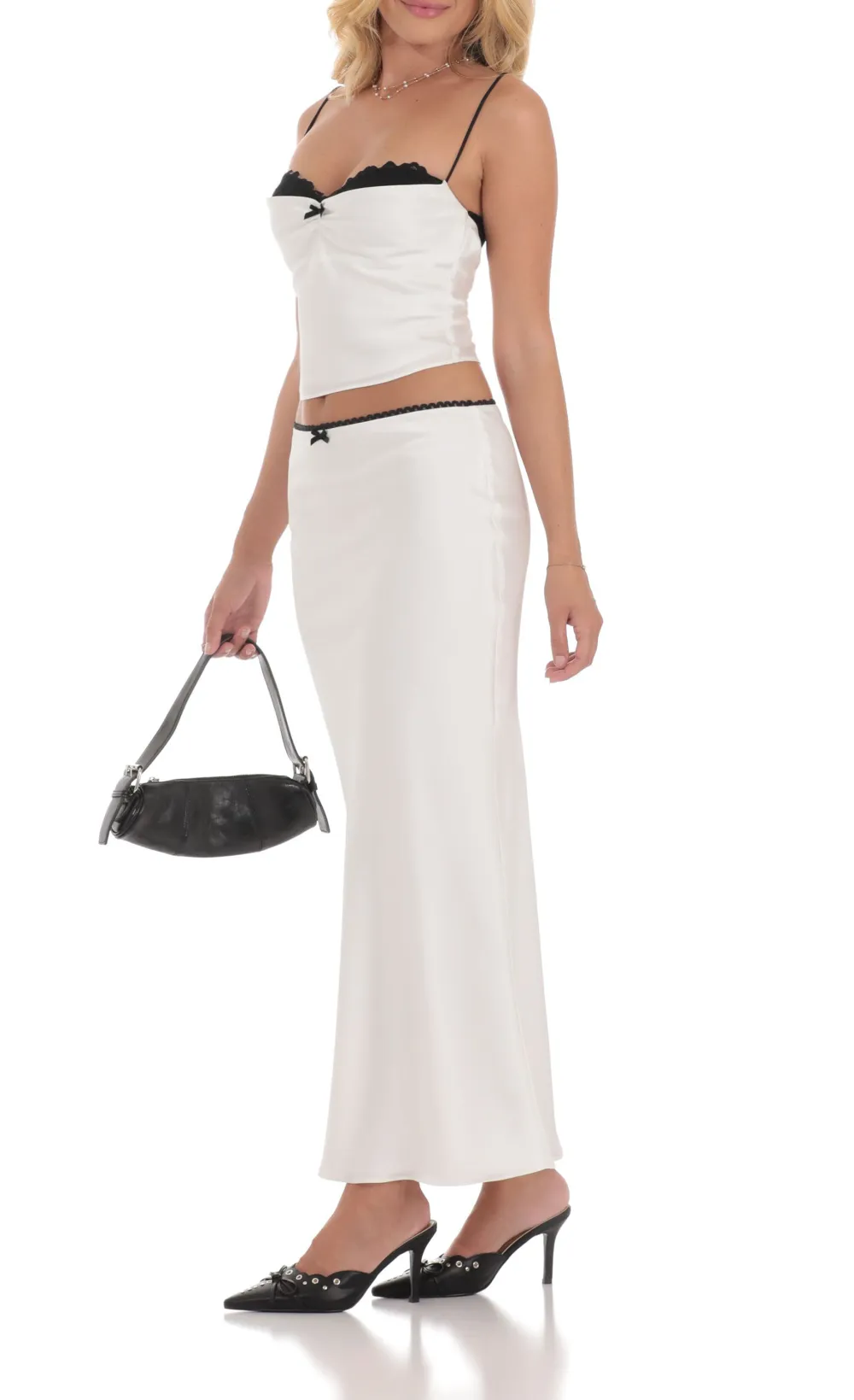 Satin Lace Two Piece Maxi Set in White