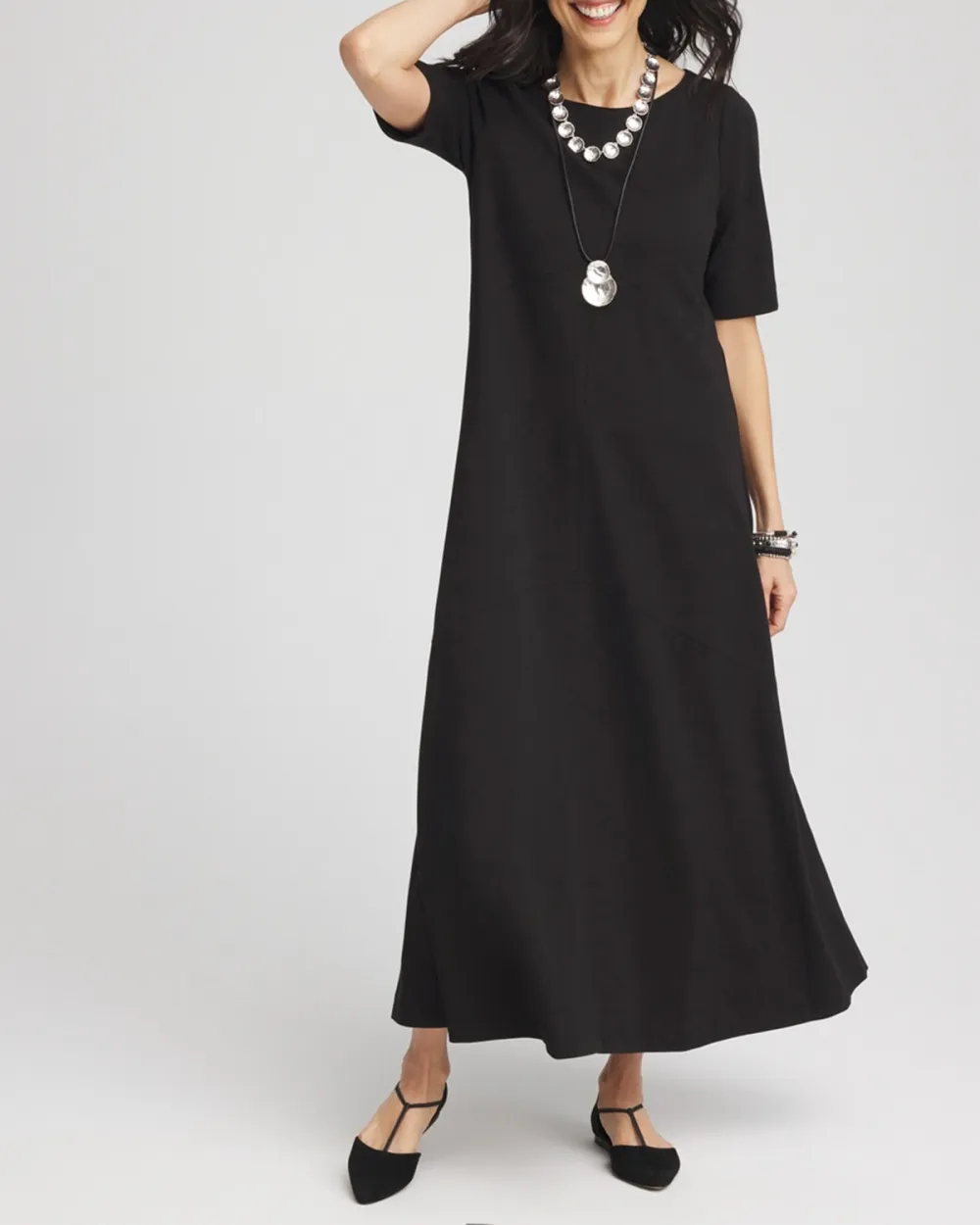 Black Short Sleeve Tiered Maxi Dress