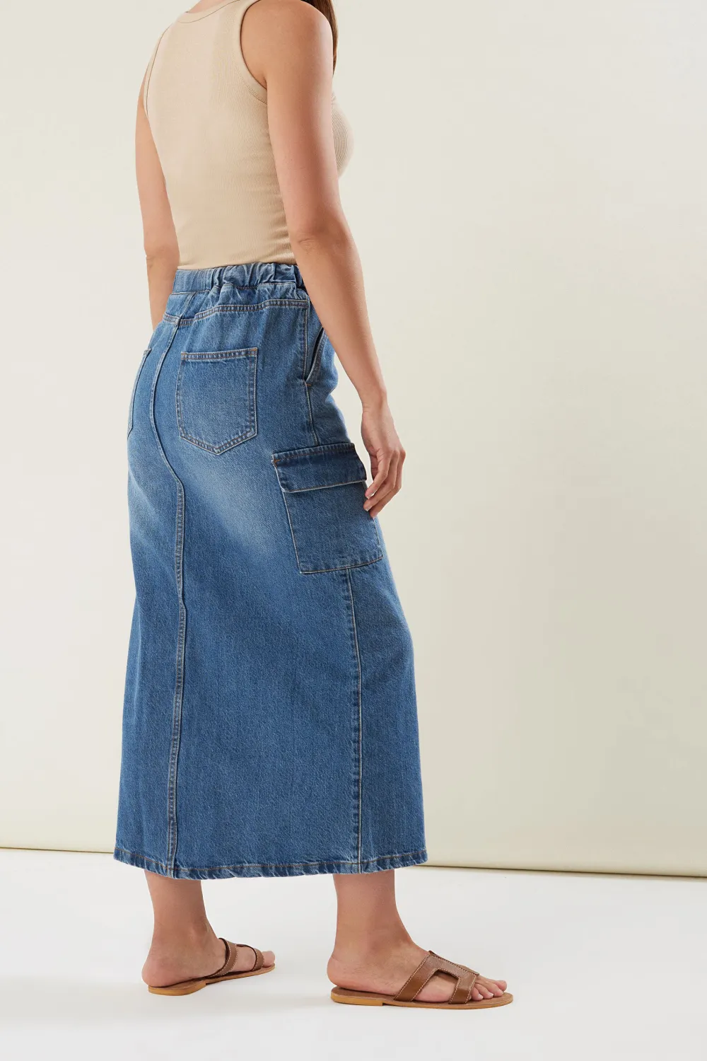 Drawstring Denim Skirt with Cargo Pockets