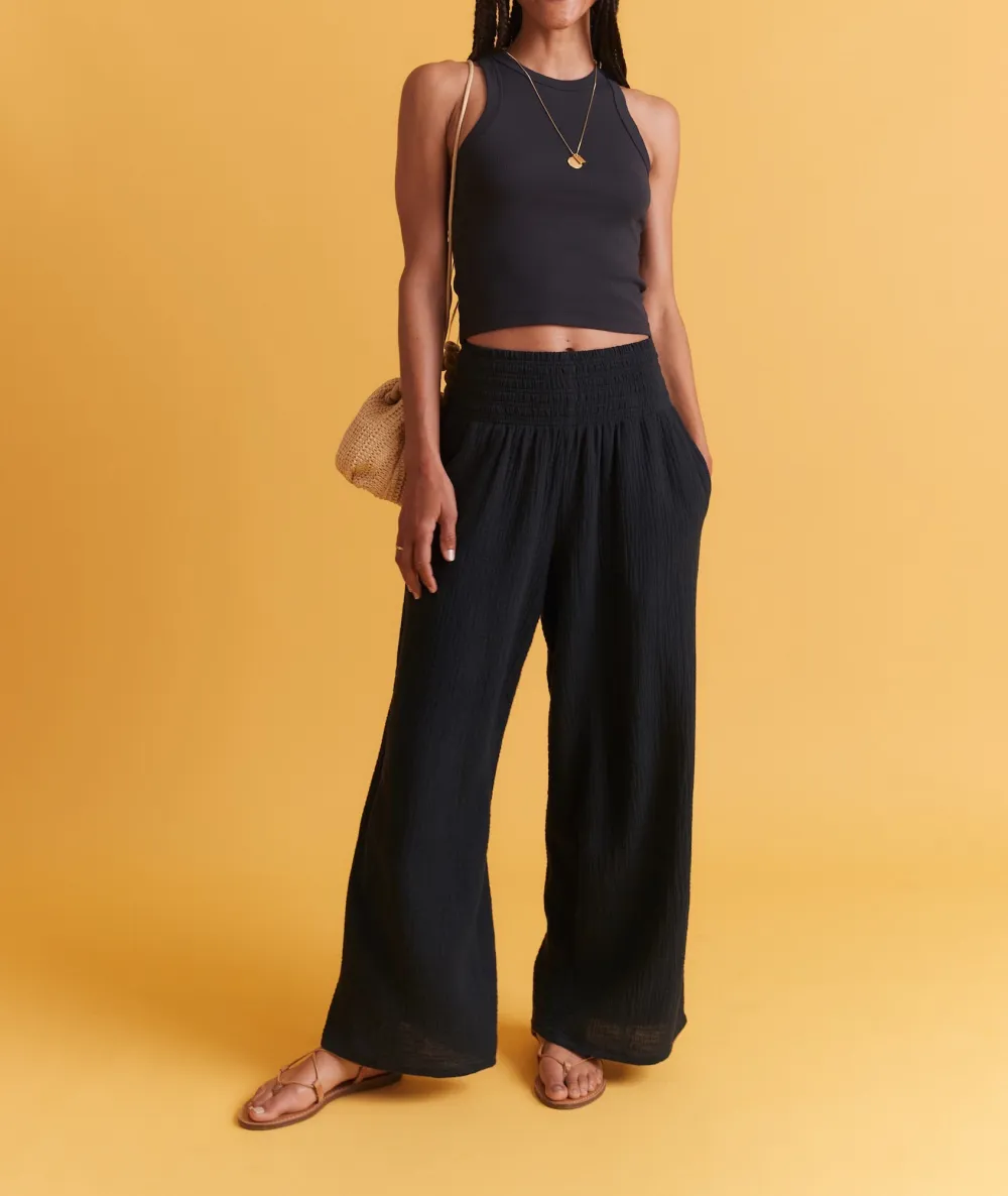 Black Elastic-Waist Palazzo Pants