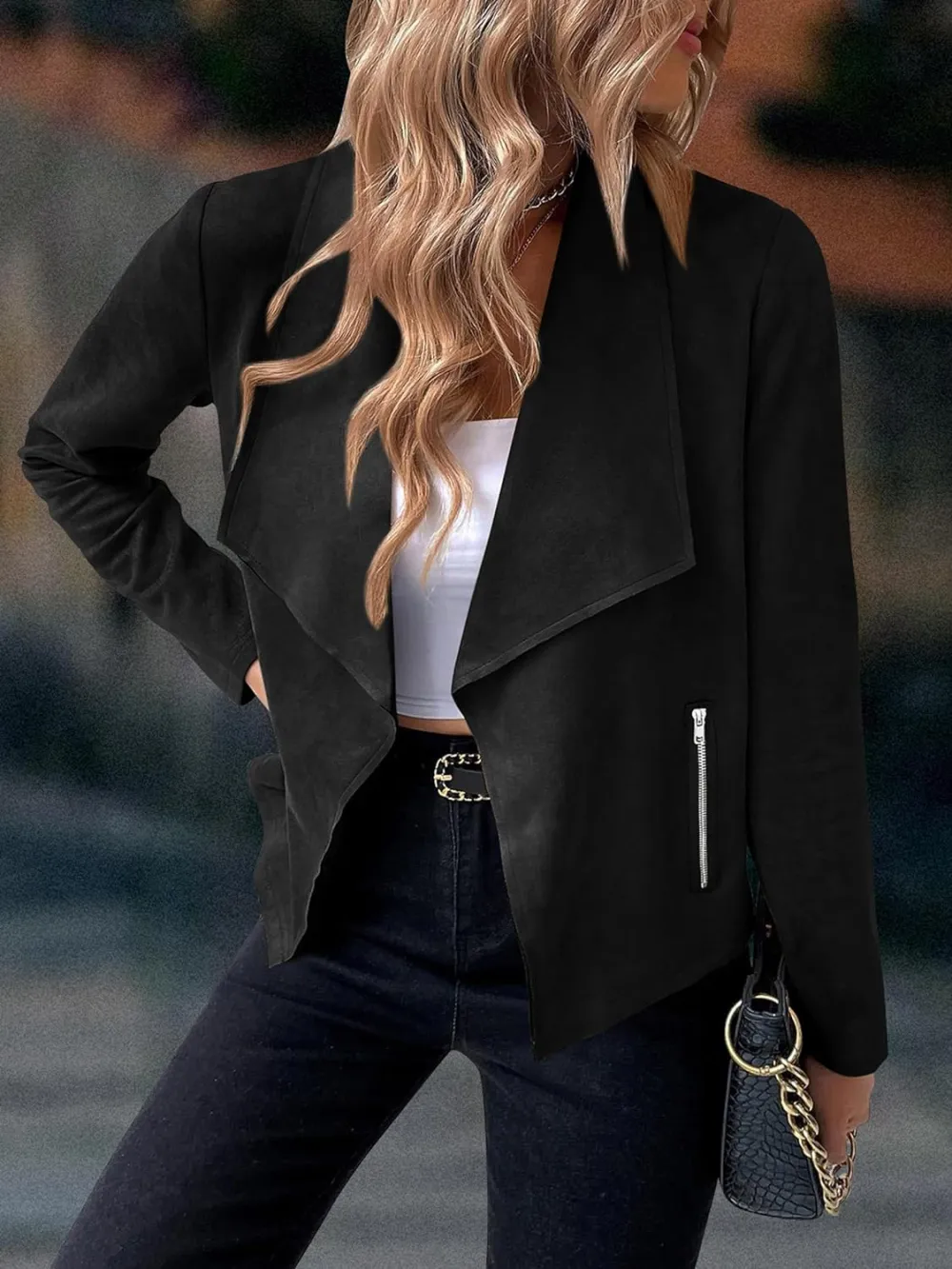 Women's Faux Suede Jackets 2023 Fall Clothes Long Sleeve Open Front Cropped Coat Outwear
