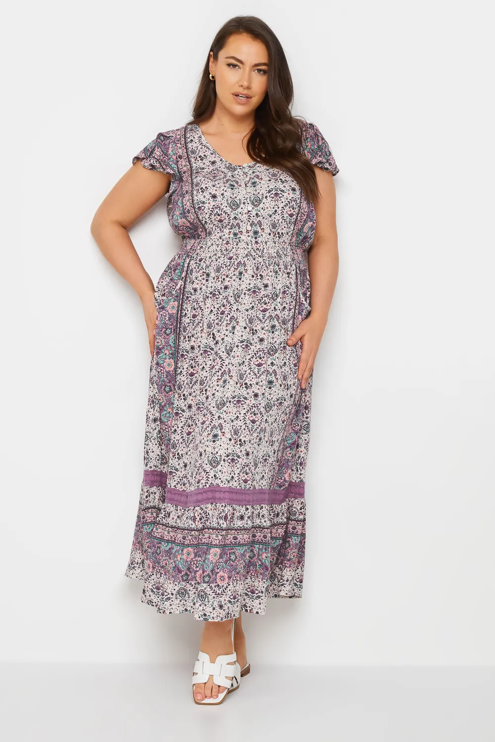 YOURS Curve Purple Floral Print Crinkle Maxi Dress