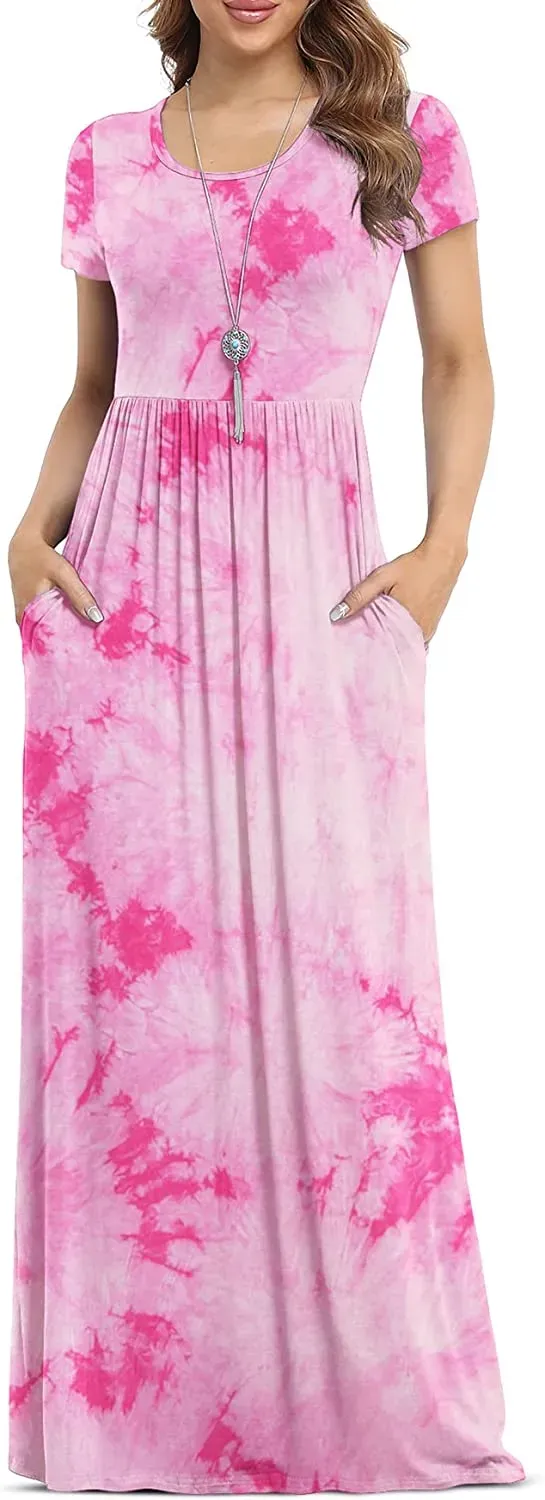 Women's Short Sleeve Loose Plain Maxi Dresses Casual Long Dresses with Pockets
