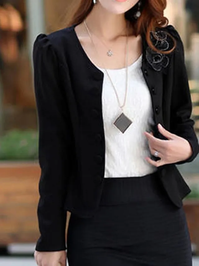 Women's Blazer Fall Short Bow Coat White Black Pink Fuchsia Elegant Street Spring Open Front Round Neck Regular Fit S M L XL XXL 3XL