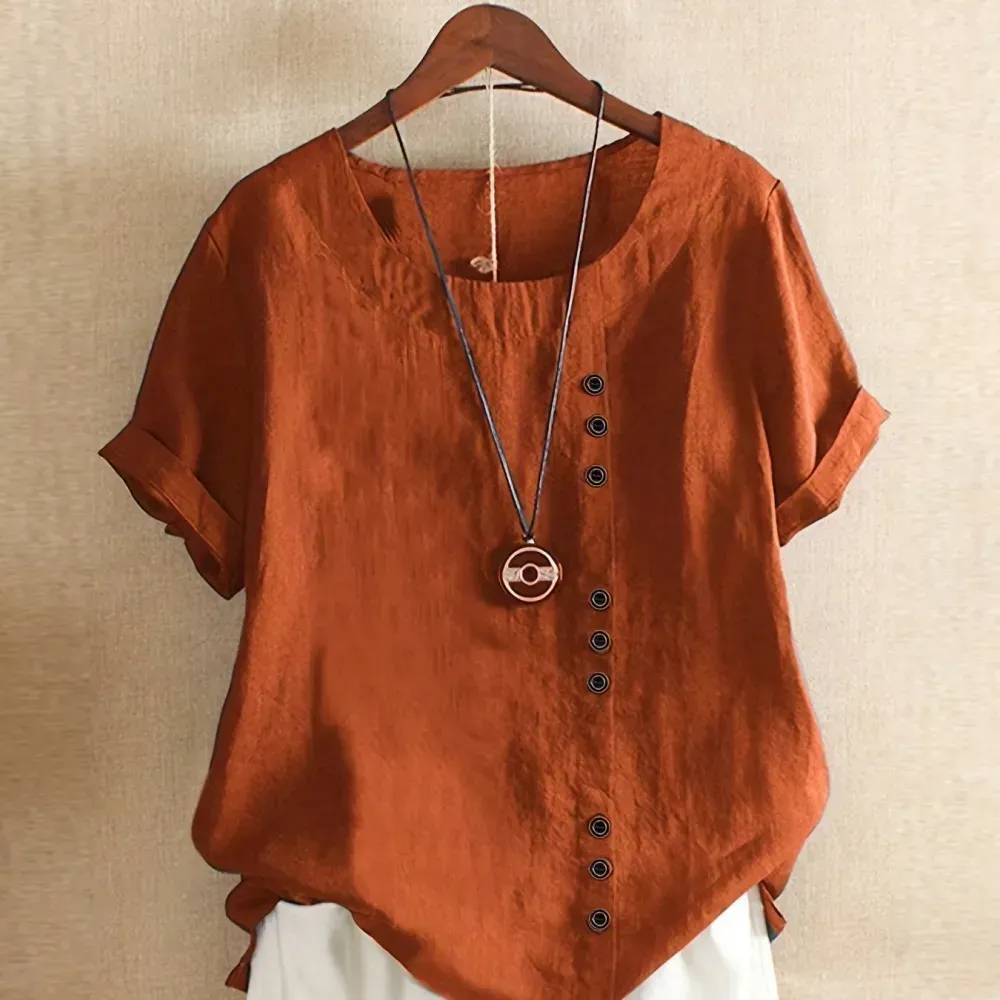 Plus Size Solid Button Decor Short Sleeve T-shirt, Women's Plus Casual Round Neck Tee