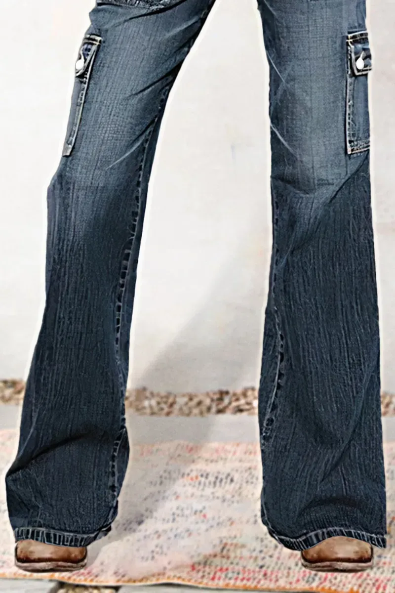Flap Pocket Low Rise Flare Jeans Without Belt