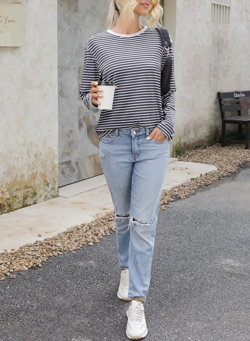 Dokotoo Women's Casual Striped Long Sleeve Tops Crew Neck Knit Ribbed Basic T Shirts