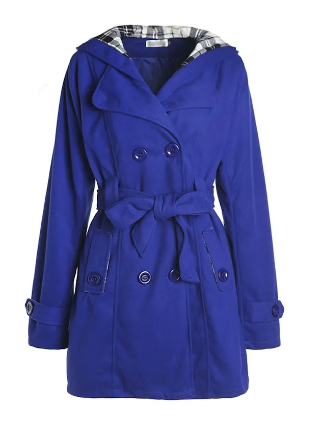 Women's Winter Coat Long Overcoat with Belt Elegant Pea Coat with Hood Double Breasted Warm Windproof Hoodie Jacket Fashion Daily Casual Outerwear Long Sleeve Black Wine Red S M L