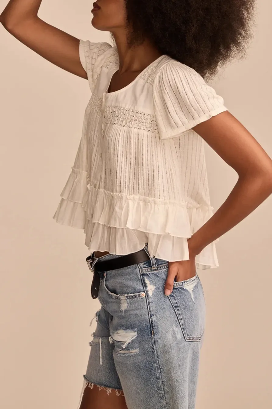 Whisper White Smocked Lace Tee