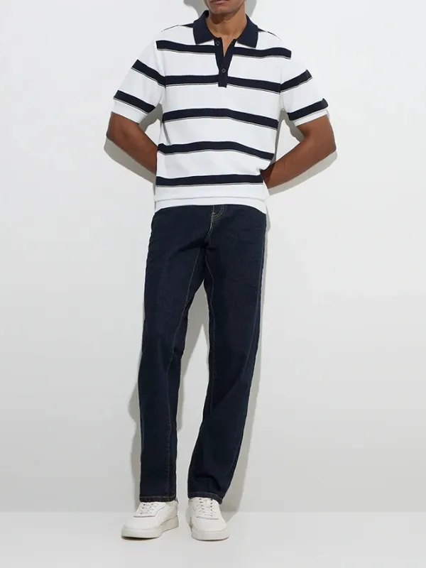 Navy Loose Cotton-Blend Polo Shirt