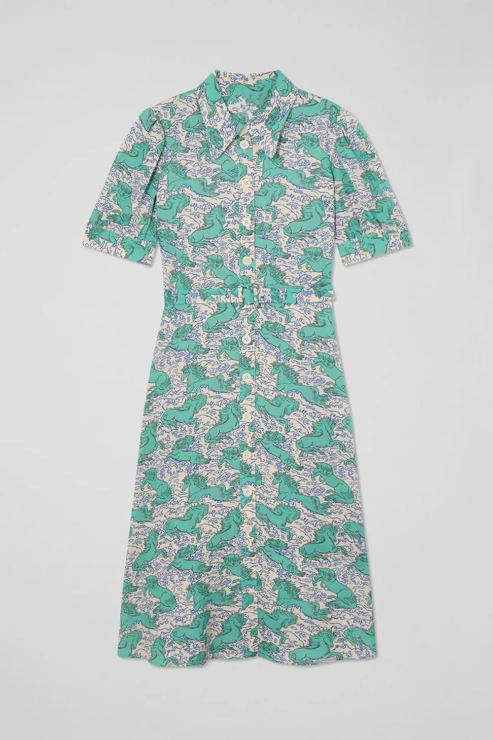 Green Floral Print Short Sleeve Midi Dress