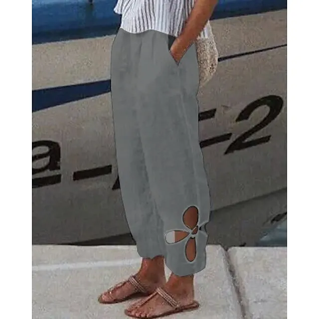 Women's Linen Pants Pants Trousers Baggy Full Length Cotton And Linen Side Pockets Baggy Fashion Casual Daily Dark Yellow Black S M