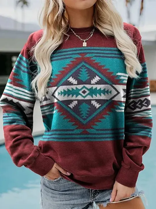 Crew Neck Geometric Casual Sweatshirt