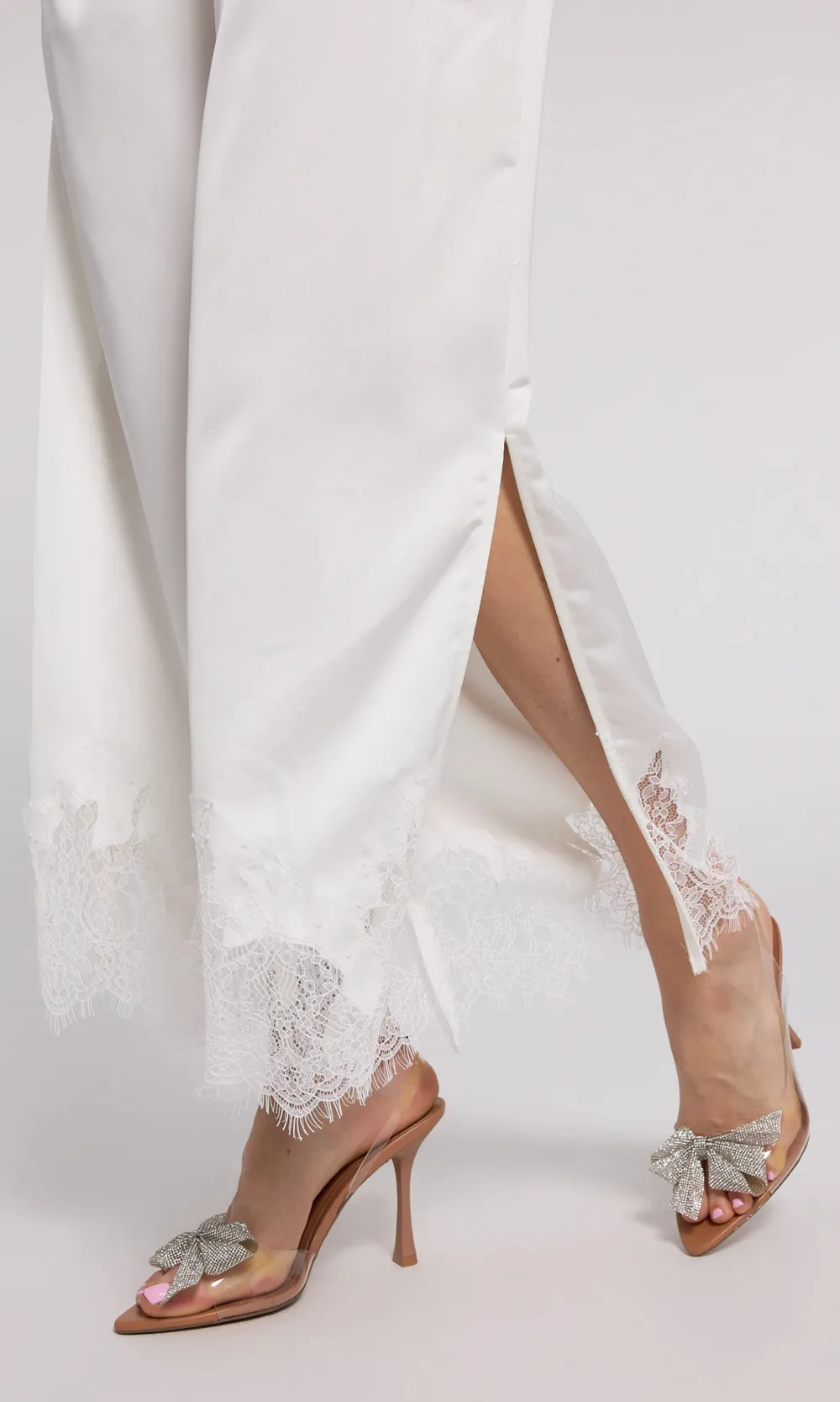 White Lace Panel Satin Pants
