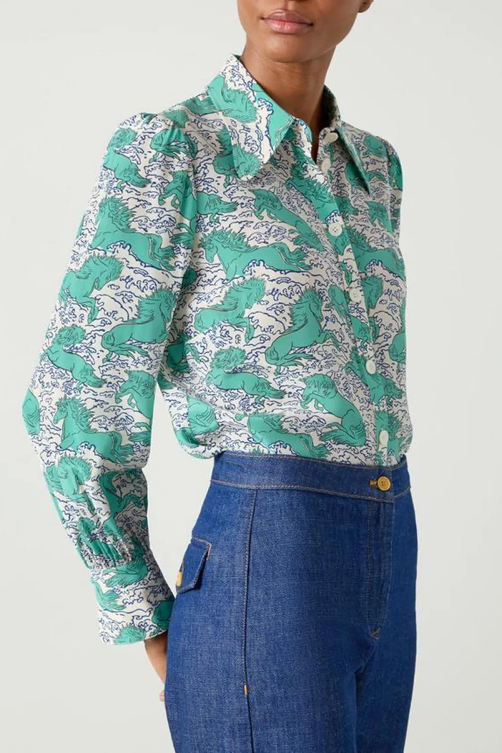 Green Printed Long Sleeve Button Down Shirt