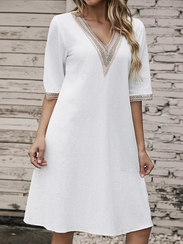 Women's Cotton Linen Dress Casual Dress Shift Dress Midi Dress Cotton And Linen Fashion Modern Outdoor Daily Vacation V Neck Patchwork Half Sleeve Summer Spring 2023 Regular Fit Gray Plain 3XL