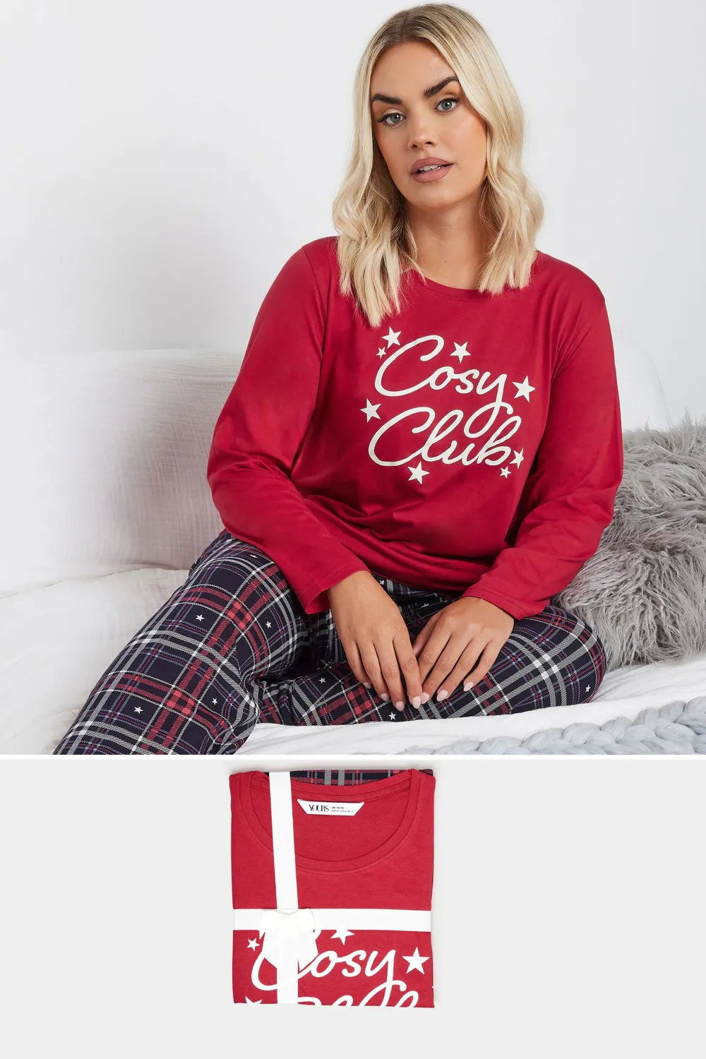 YOURS Curve Red 'Cosy Club' Check Print Wide Leg Pyjama Gift Set