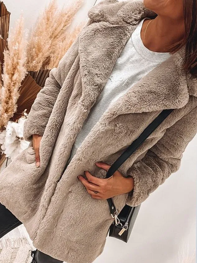 Casual Plain Shawl Collar Long sleeve Loose Teddy Jacket
