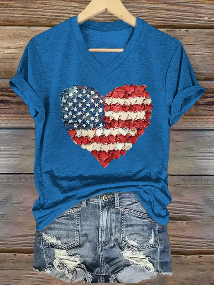 Women'S T-Shirt With National Flag Pattern Heart Print, Pure Cotton V-Neck Short-Sleeved T-Shirt