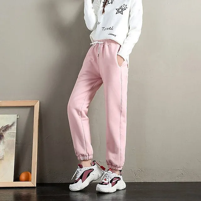 Women's Fleece Lined Sweatpants Joggers Black Pink Light Grey Solid Color Drawstring Daily Basic S Fall Winter