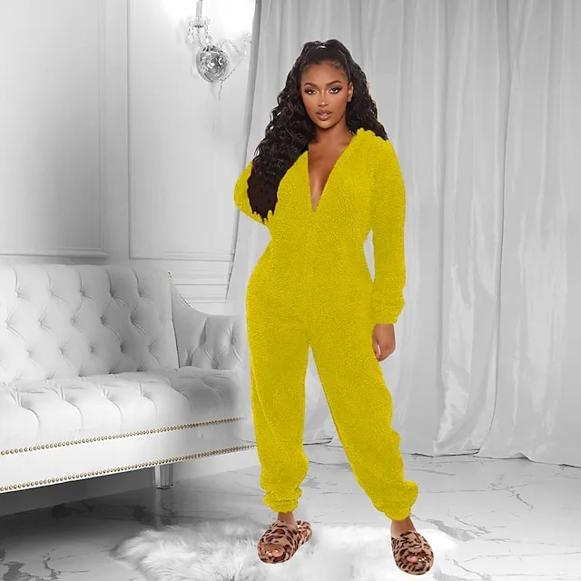 Women's Flannel Adult Onesies Onesie Pajamass Pajama for Adult Jumpsuits Nighty Pure Color Simple Comfort Party Home Christmas  Warm Gift Hoodie Long Sleeve Fall Winter Black