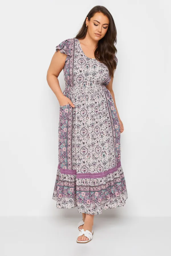 YOURS Curve Purple Floral Print Crinkle Maxi Dress