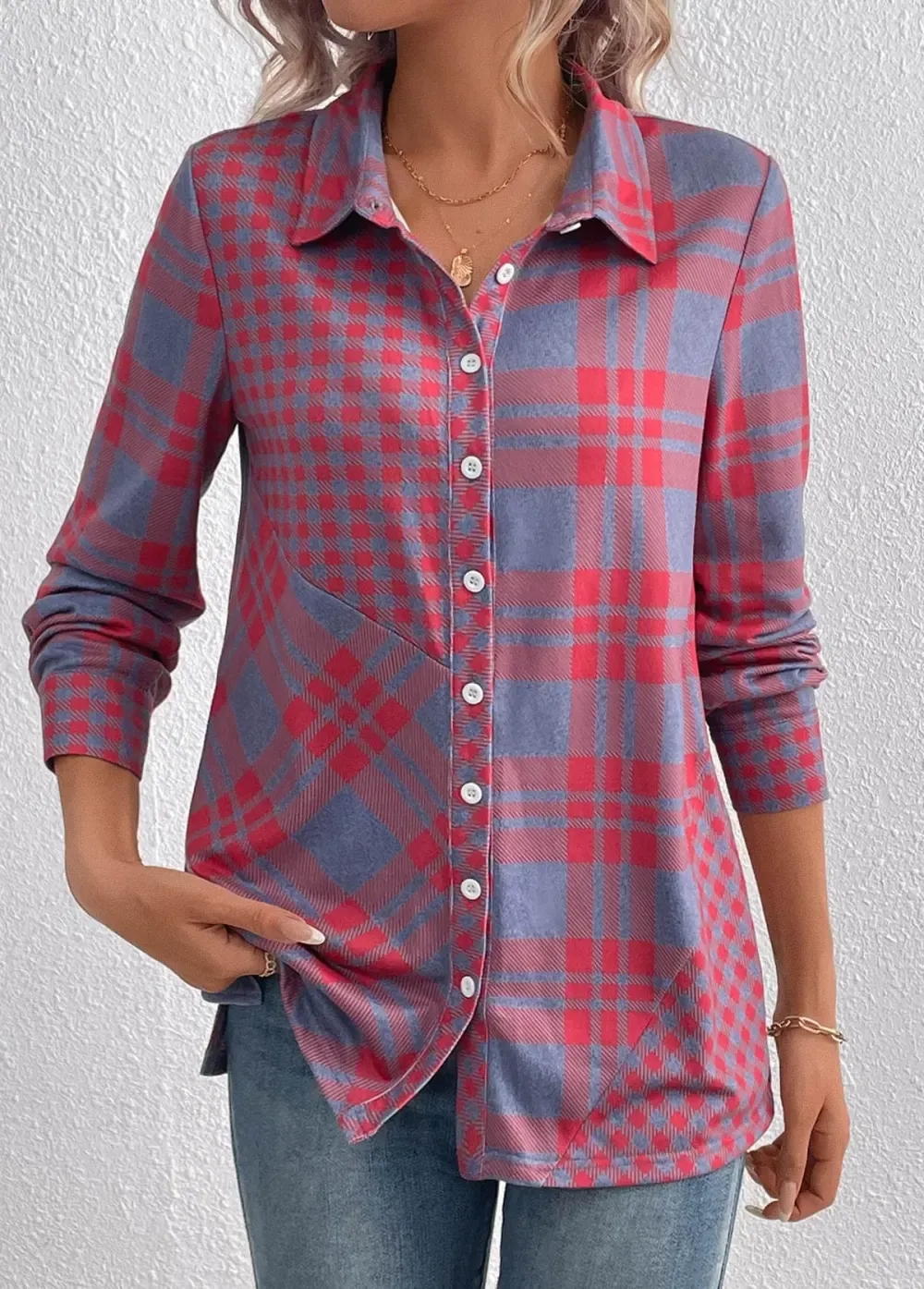 Red Button Plaid Long Sleeve Shirt Collar Blouse
