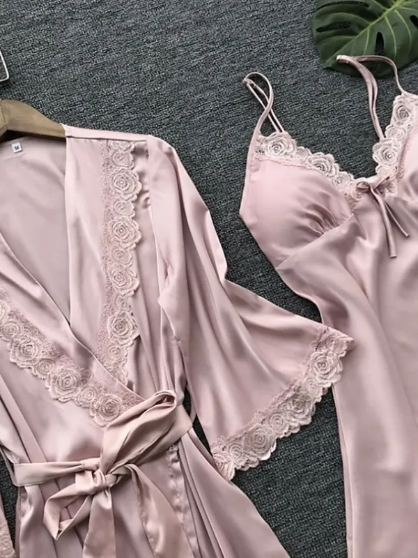 Women's Pajamas Bathrobe Robes Gown Nightgown 2 Pieces Pure Color Hot Comfort Soft Home Daily Bed Satin Breathable V Wire Half Sleeve Summer Spring Silver Yellow