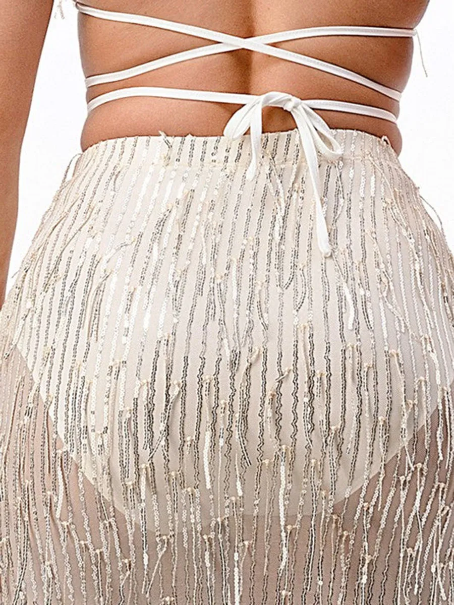 Silver Fringe Crop Top and Mini Skirt Set