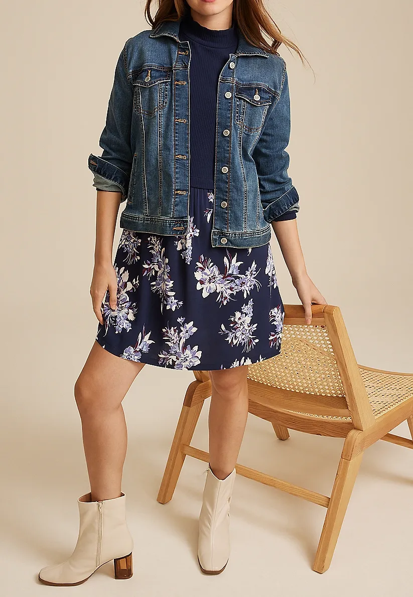 Mixed Fabric Mock Neck Mini Dress