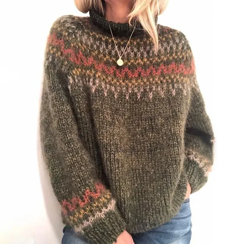 Retro Contrast Wave Pattern Turtleneck Sweater