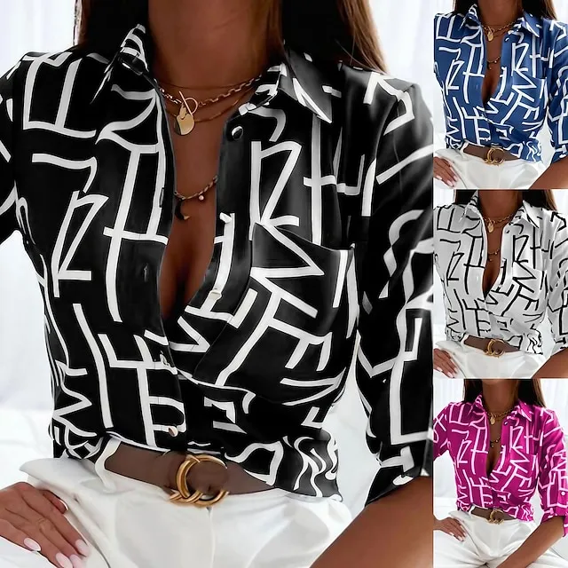 Blouse Women's Black White Blue Striped Knitted Street Daily Daily Basic Shirt Collar S