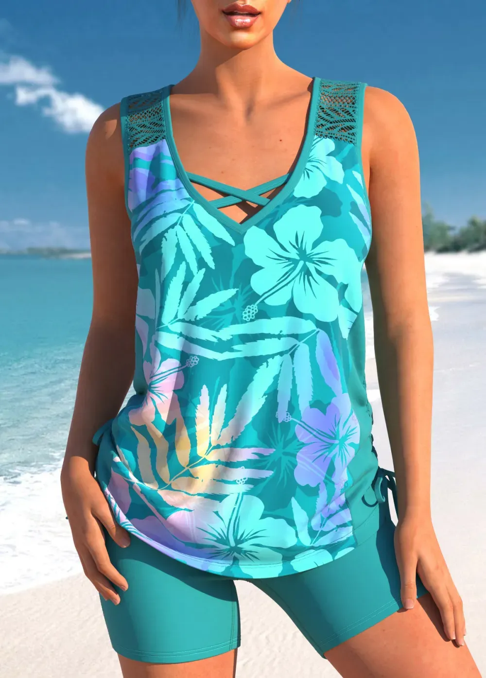 Floral Print Black Cross Strap Tankini Set