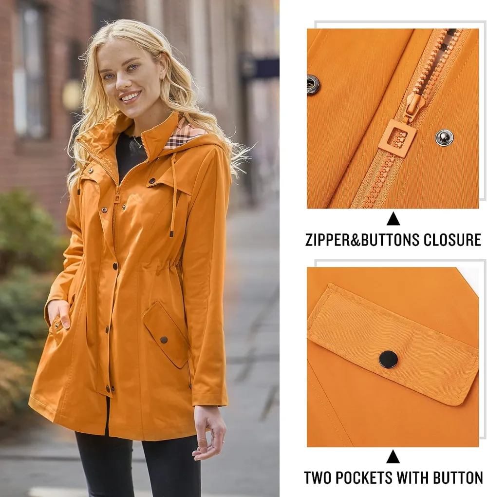 Women's Long Hooded Rain Jacket Outdoor Raincoat Windbreaker