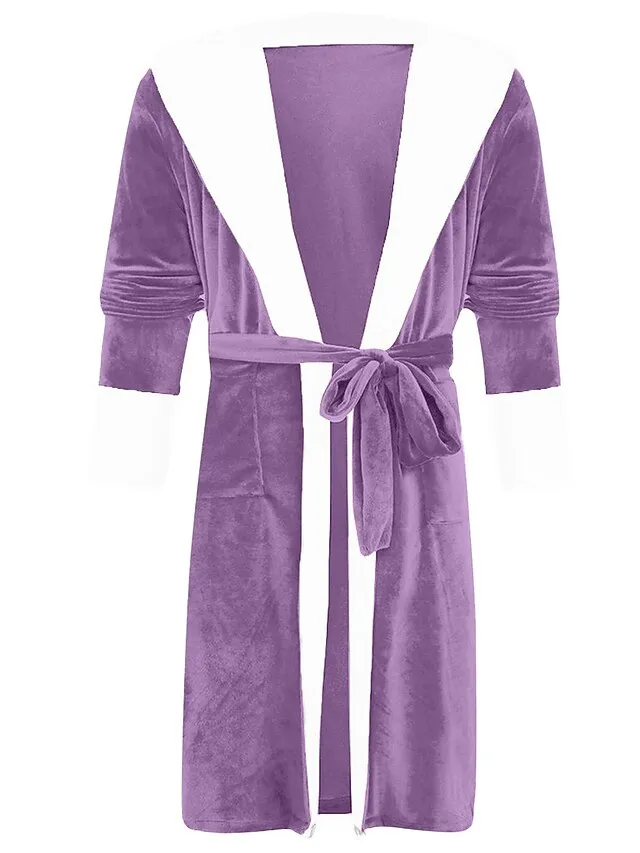Women's Pajamas Bathrobe Robes Gown Pure Color Warm Plush Comfort Home Daily Bed Polyester Breathable Hoodie Long Sleeve Pocket Fall Winter Red Lavender