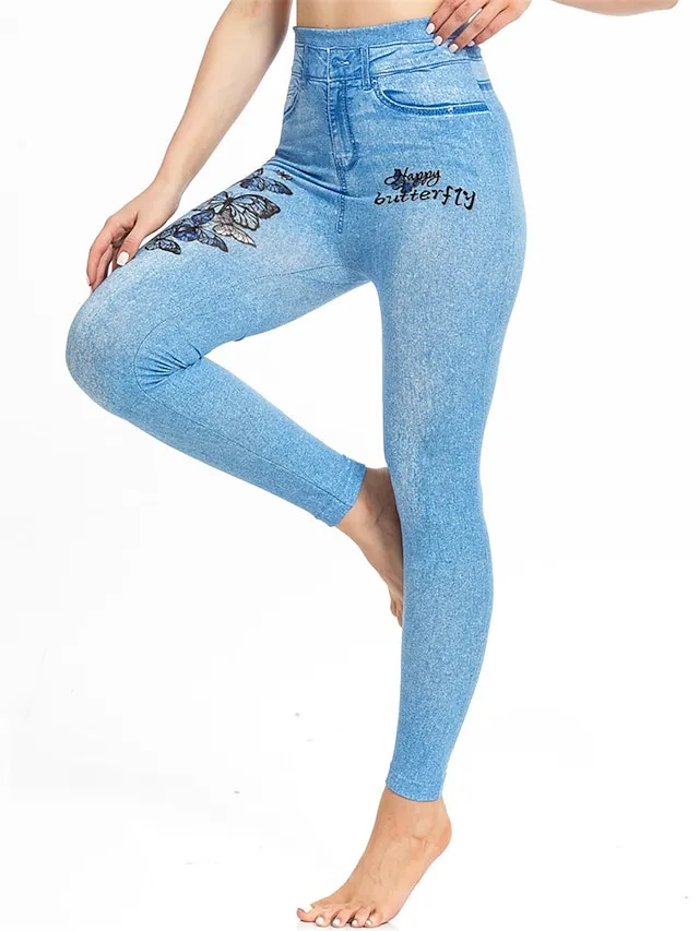 Women's Slim Pants Trousers Leggings Full Length Faux Denim Pocket High Cut High Elasticity High Waist Fashion Streetwear Street Causal Lake Blue Royal Blue S M Summer Fall