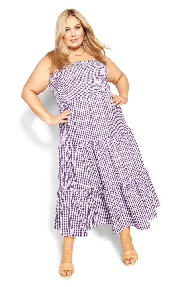 Evans Light Purple Gingham Shirred Maxi Dress